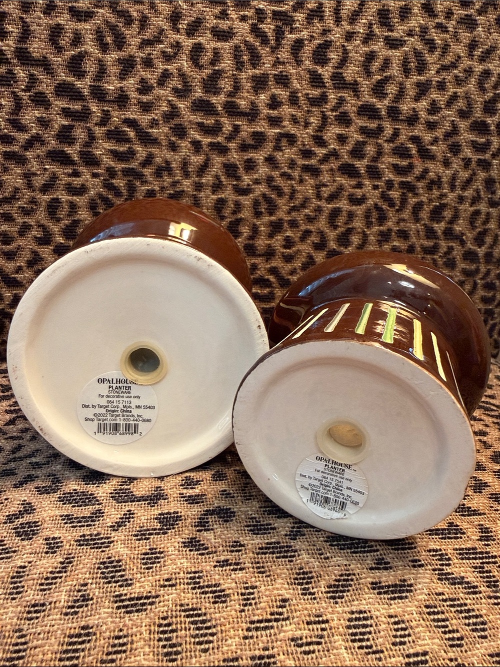 Set of 2: Handcrafted Brown Ceramic Face Planter with Colorful Stripe Base - Picture 4 of 6